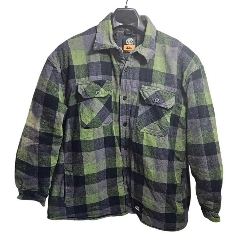 Berne Workwear Mens 3XL Quilted Flannel Shirt Jacket Green Plaid SH69PGER‎ Heavy